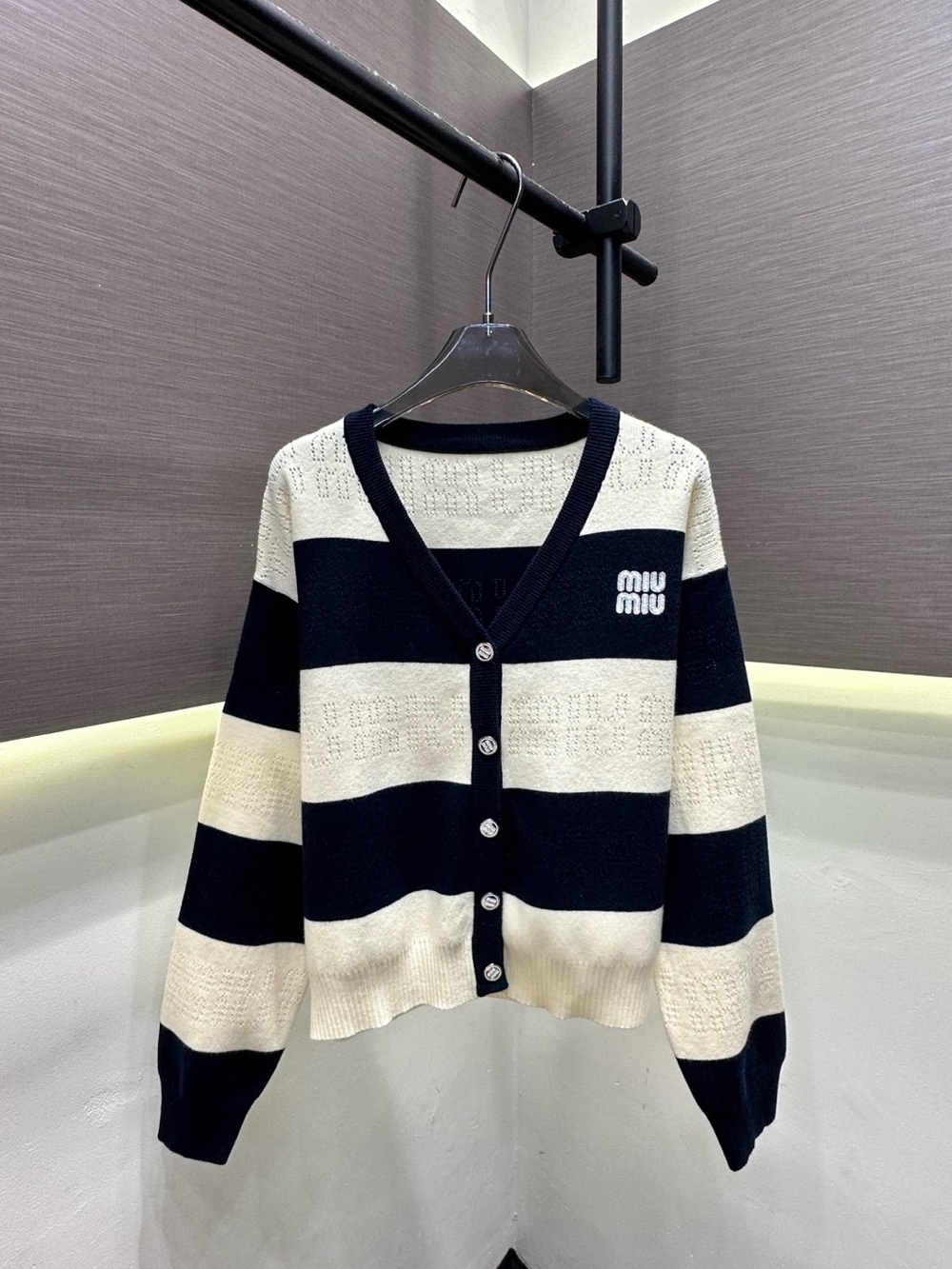 Miu Miu Navy and Cream Striped V‑Neck Cardigan